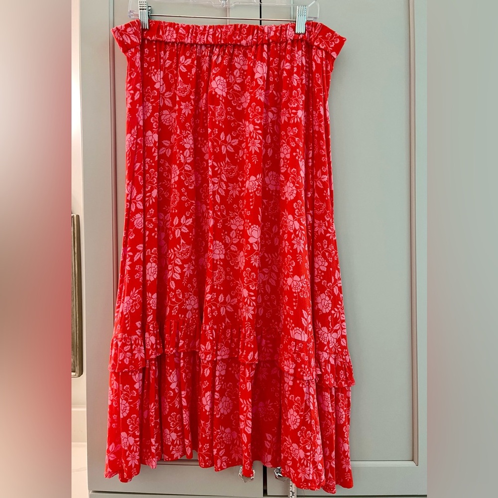 Talbots pink floral pattern on orange ruffled tiered skirt, XL